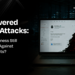 A laptop screen showing a sophisticated AI-generated phishing email tearing away to reveal malicious red code, titled AI Powered Email Attacks.
