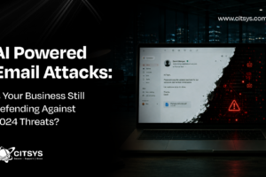 A laptop screen showing a sophisticated AI-generated phishing email tearing away to reveal malicious red code, titled AI Powered Email Attacks.