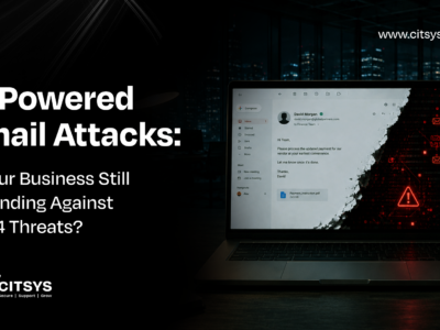 A laptop screen showing a sophisticated AI-generated phishing email tearing away to reveal malicious red code, titled AI Powered Email Attacks.