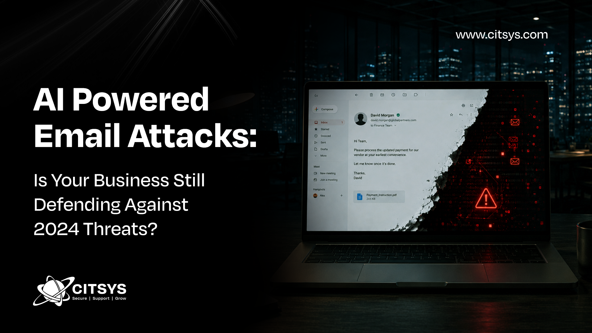 A laptop screen showing a sophisticated AI-generated phishing email tearing away to reveal malicious red code, titled AI Powered Email Attacks.